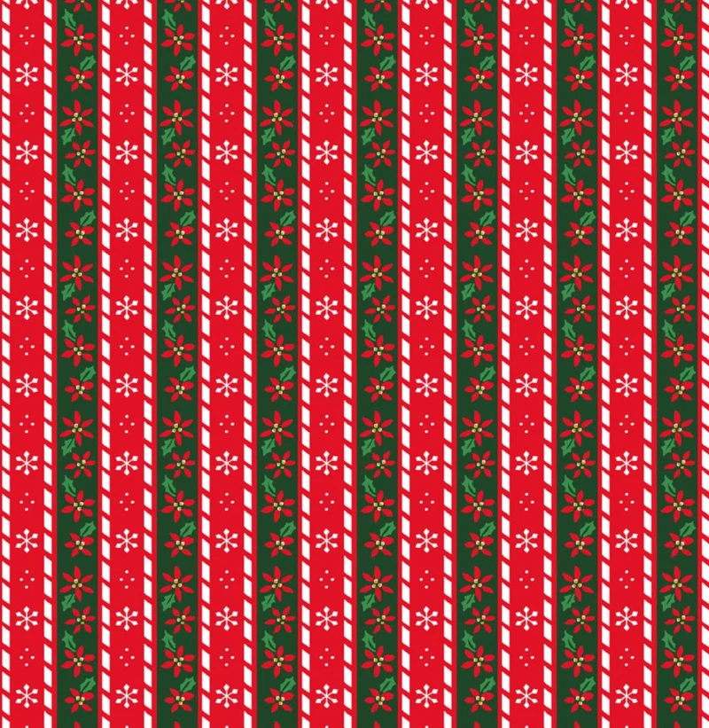 Christmas Stripes Poinsettia Snowflakes Red Green 100% Cotton Fabric