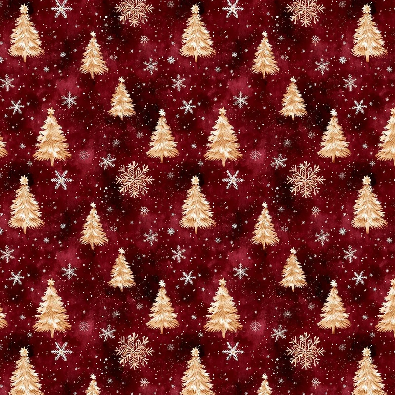 Christmas Gold Trees and Snowflakes on Red 100% Cotton Price per Yard