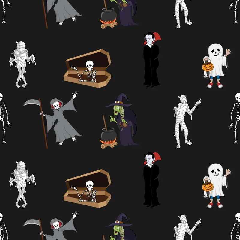 Halloween Spooky Monsters Creatures on Black 100% Cotton Fabric