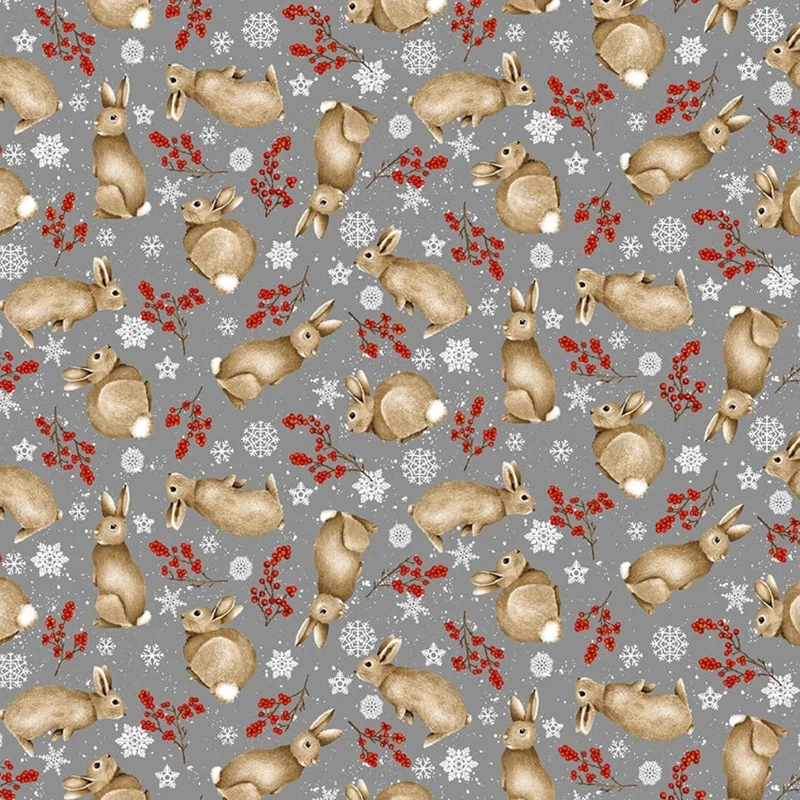 Tossed Bunnies on Gray with Snowflakes 100% Cotton Price per Yard