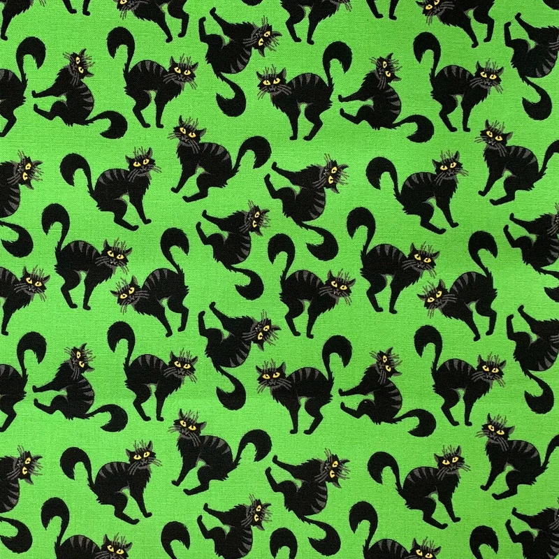 Halloween Creepy Black Cats on Green 100% Cotton Fabric