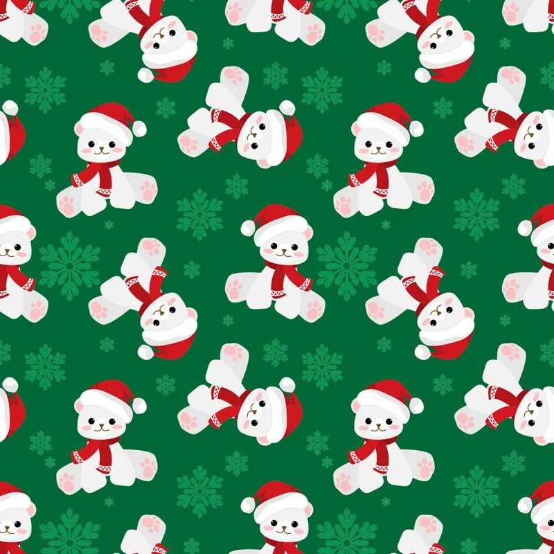 Christmas Teddy Bears and Snowflakes on Green 100% Cotton Fabric