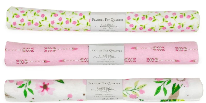 3 Flannel Fat Quarters Wild and Free Little Feet Boutique Pink White 18" x 21" Baby