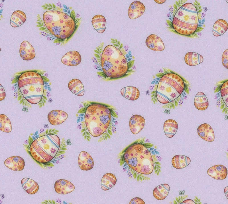 Hoppy Easter Eggs on Purple Lavender 100% Cotton Price per Yard