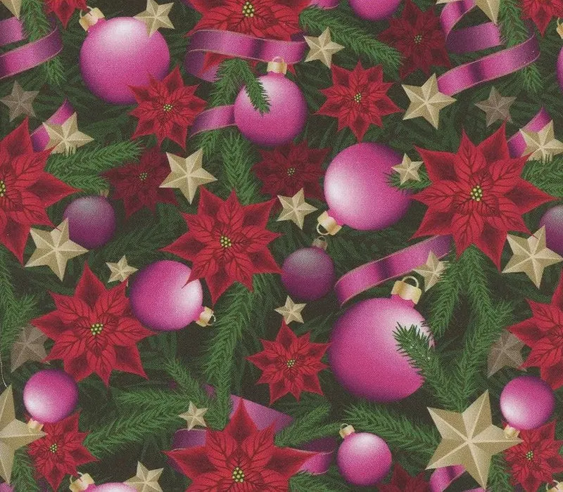 Christmas Pink Ornaments and Ribbons Poinsettias on Green 100% Cotton Fabric By the yard