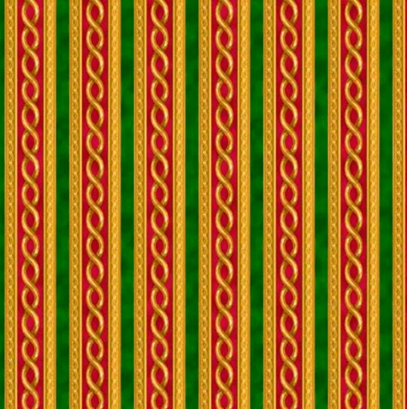 Christmas Stripes Red Green on Gold 100% Cotton Price per Yard