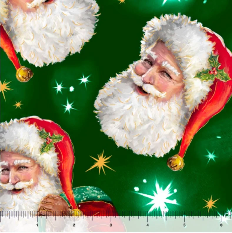 Christmas Tossed Santa Heads On Green 100% Cotton