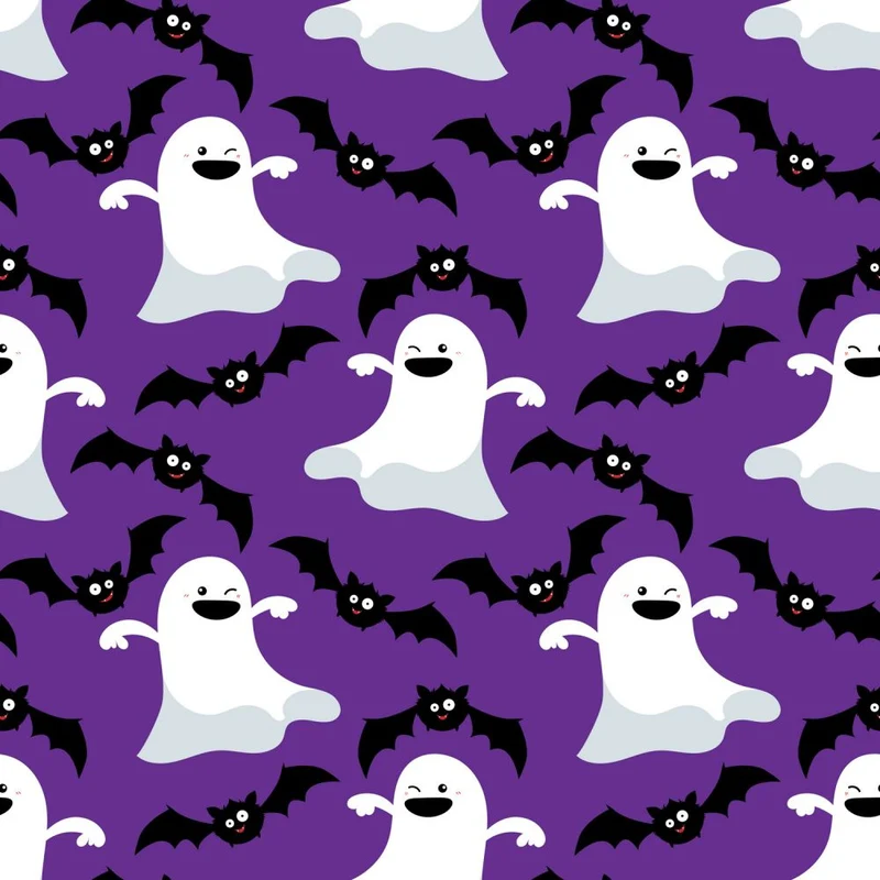 Halloween Dancing Ghosts and Bats on Purple 100% Cotton Fabric
