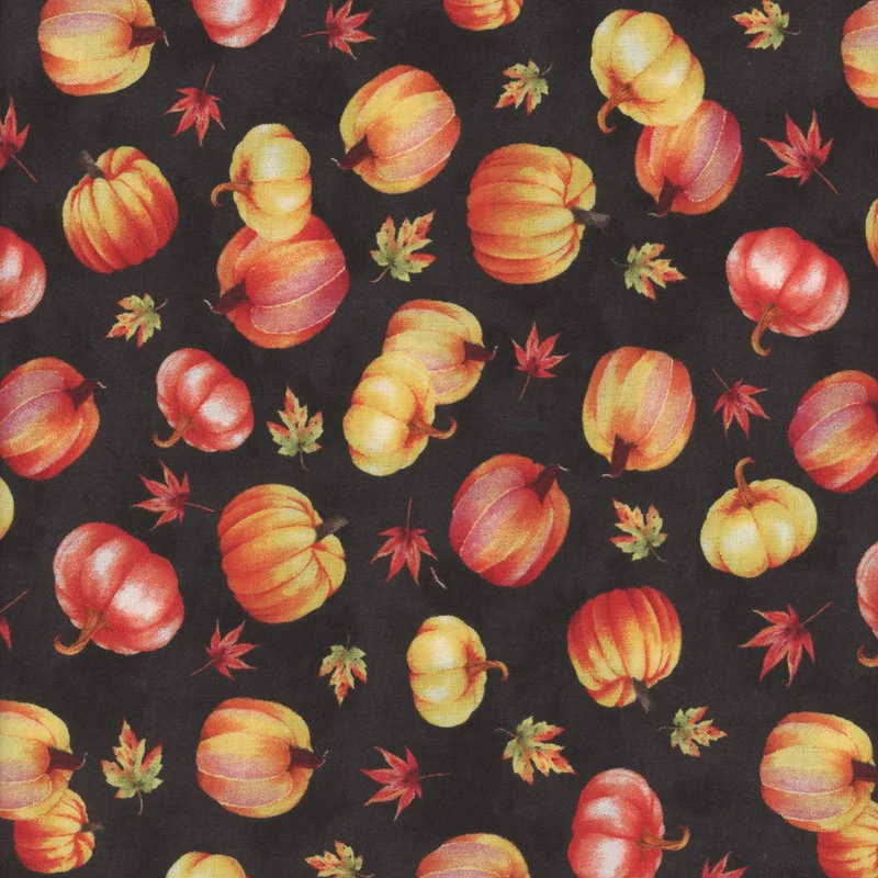 Tossed Pumpkins on Black 100% Cotton Fabric