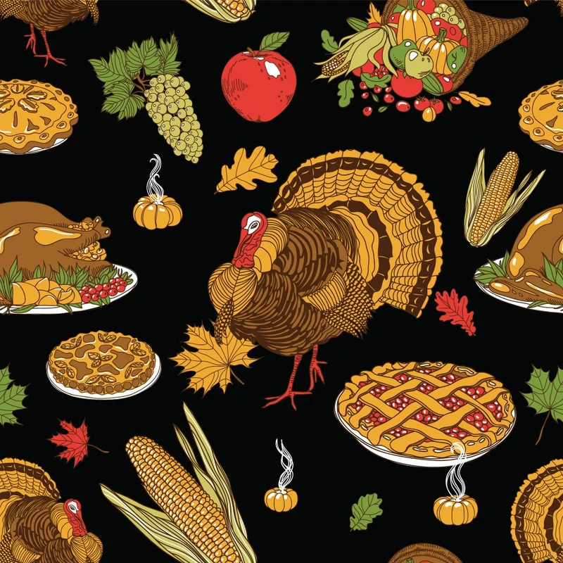 Thanksgiving Turkey Pie Gourds Corn Pie on Black 100% Cotton Fabric