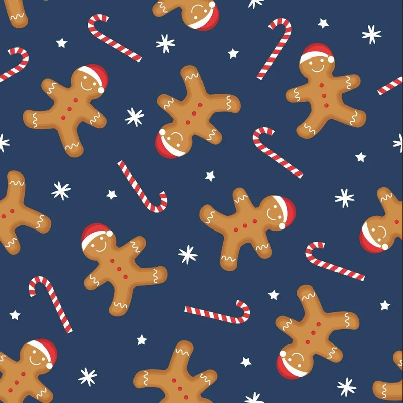 Christmas Gingerbread and Candy Canes on Blue 100% Cotton Fabric By the Yard