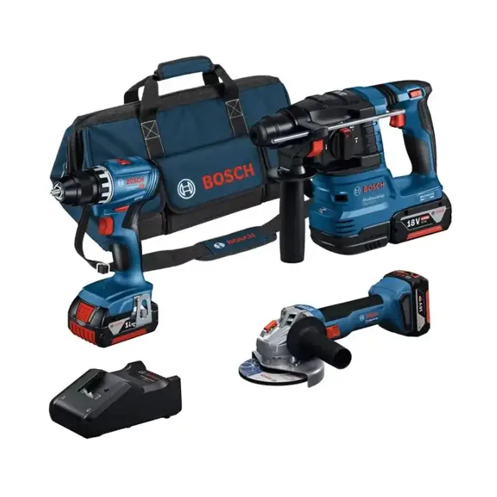 Combo Bosch de Amoladora GWS 18V-8, Atornillador GSR 18V-45 y Martillo GBH 18V-22