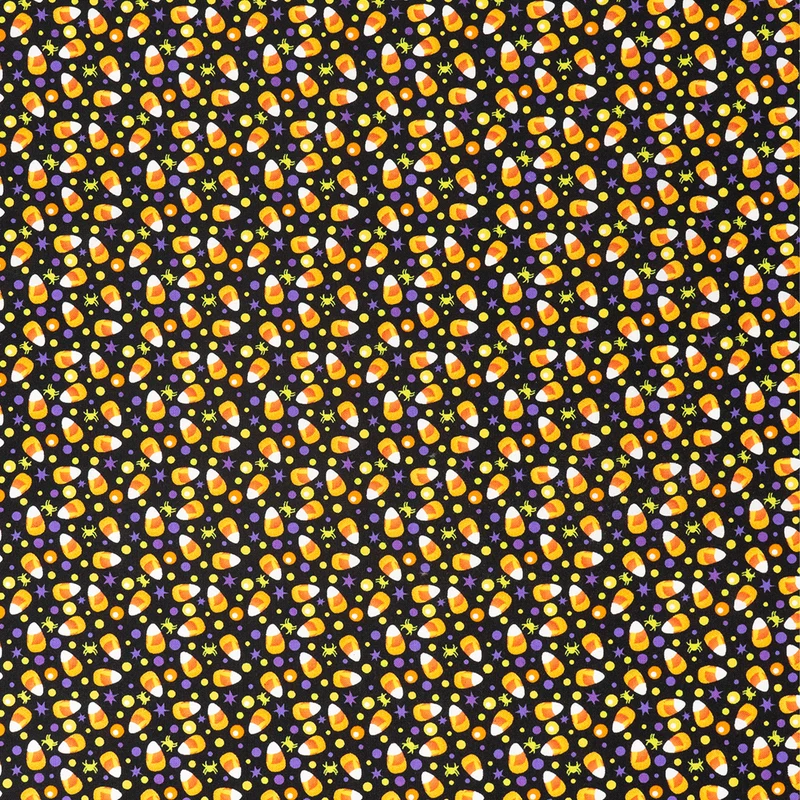 SINGER® Fabric, 100% Cotton, 44 Inch Wide, Candy Corn And Purple Dots On Blk, Cut by the Yard
