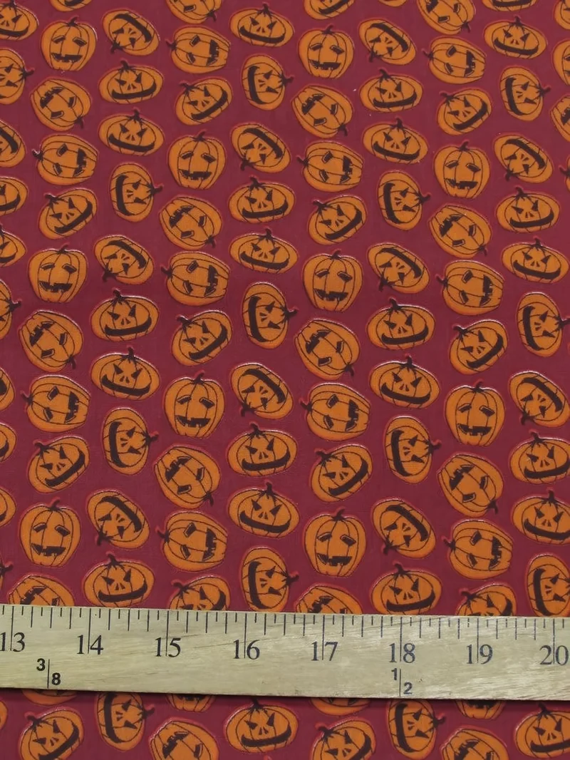 Halloween Pumpkins Burgundy Poly Cotton Fabric