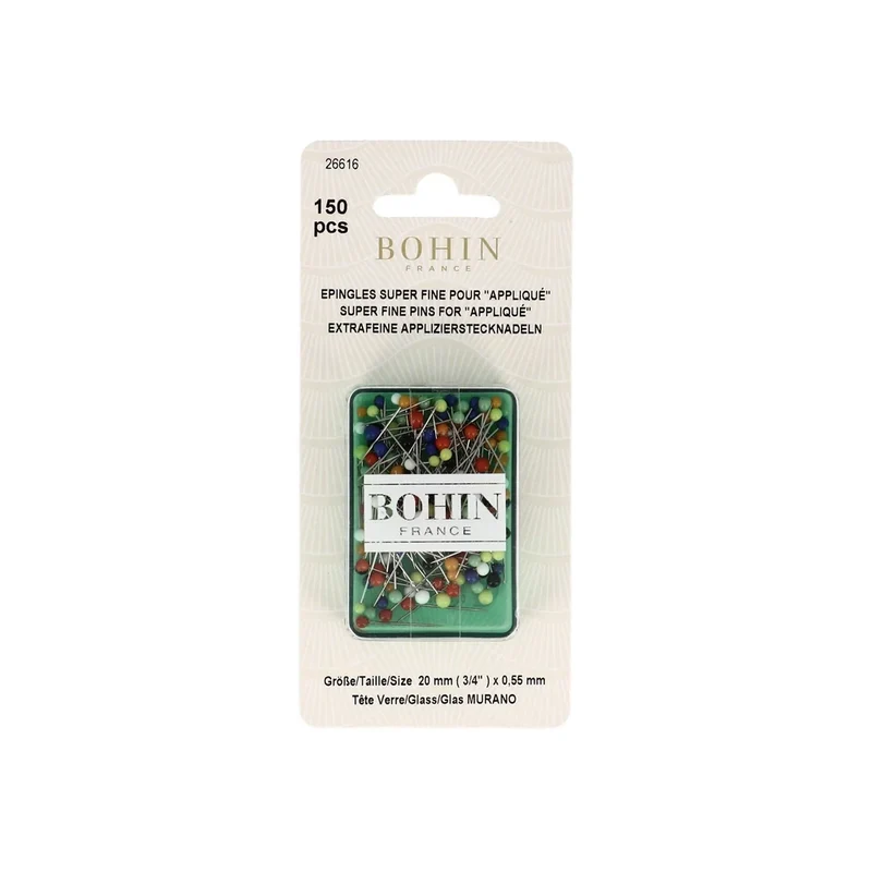 Alfileres Bohin superfinos con cabeza de vidrio para apliques, 20 mm - ø 0,55 mm