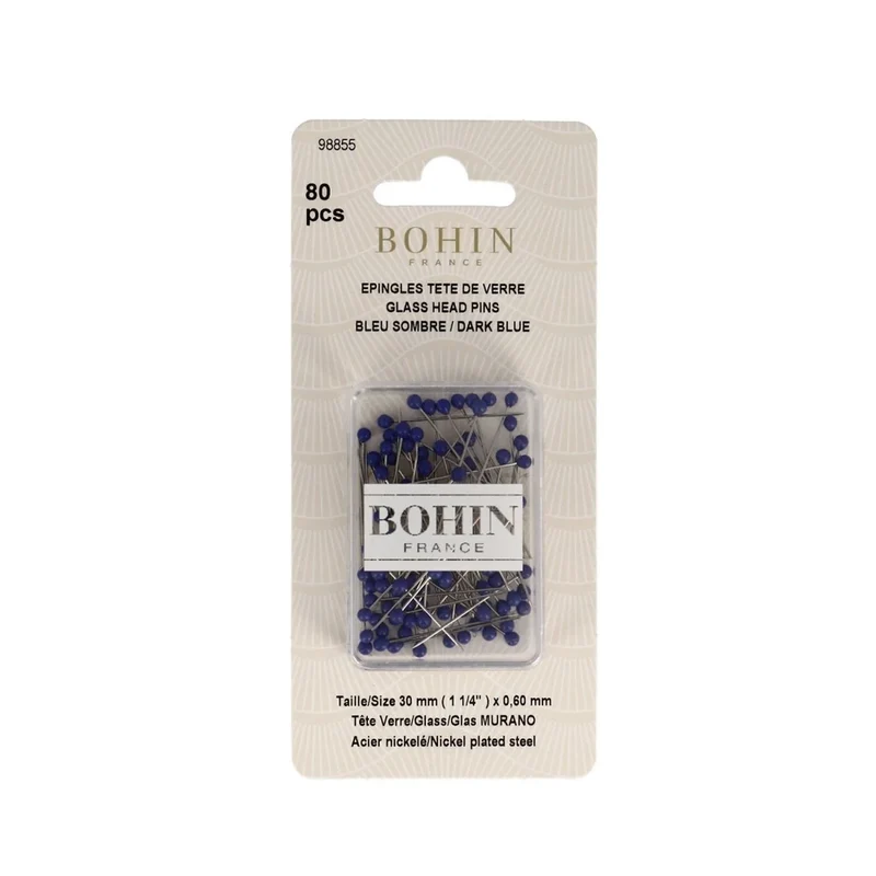Alfileres Bohin superfinos con cabeza de vidrio para apliques, 20 mm - ø 0,55 mm