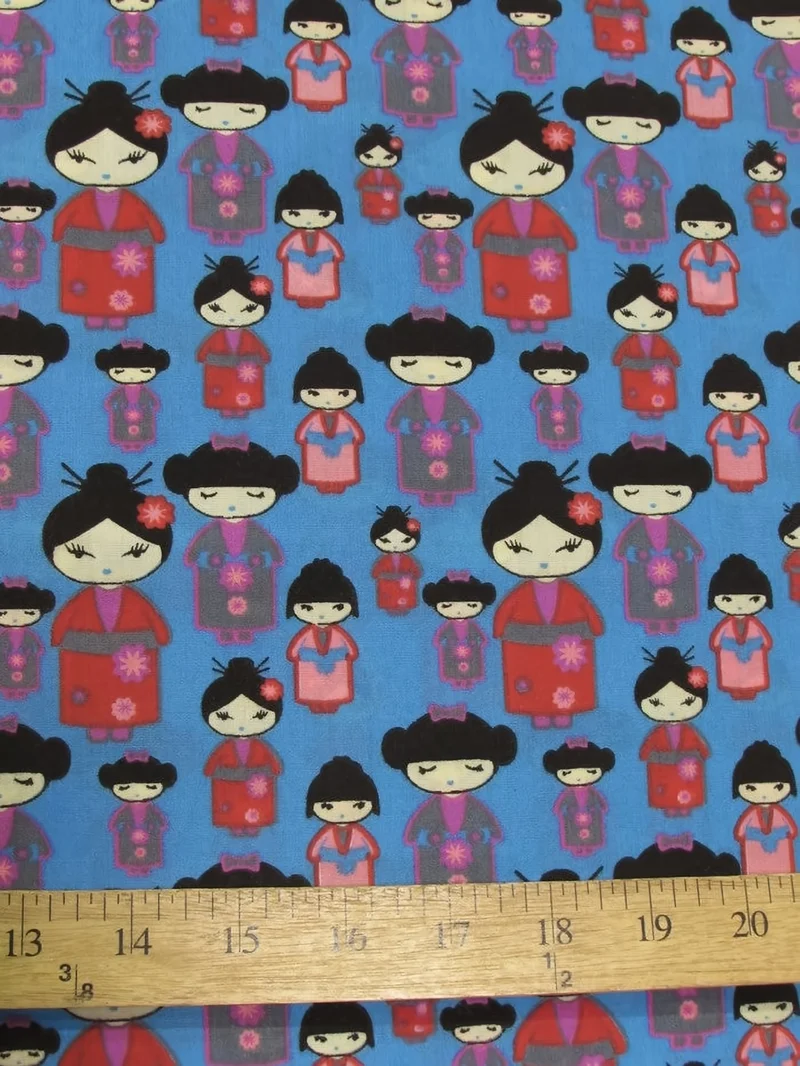 Oriental Geisha Cultural Turquoise Polyester Cotton Fabric