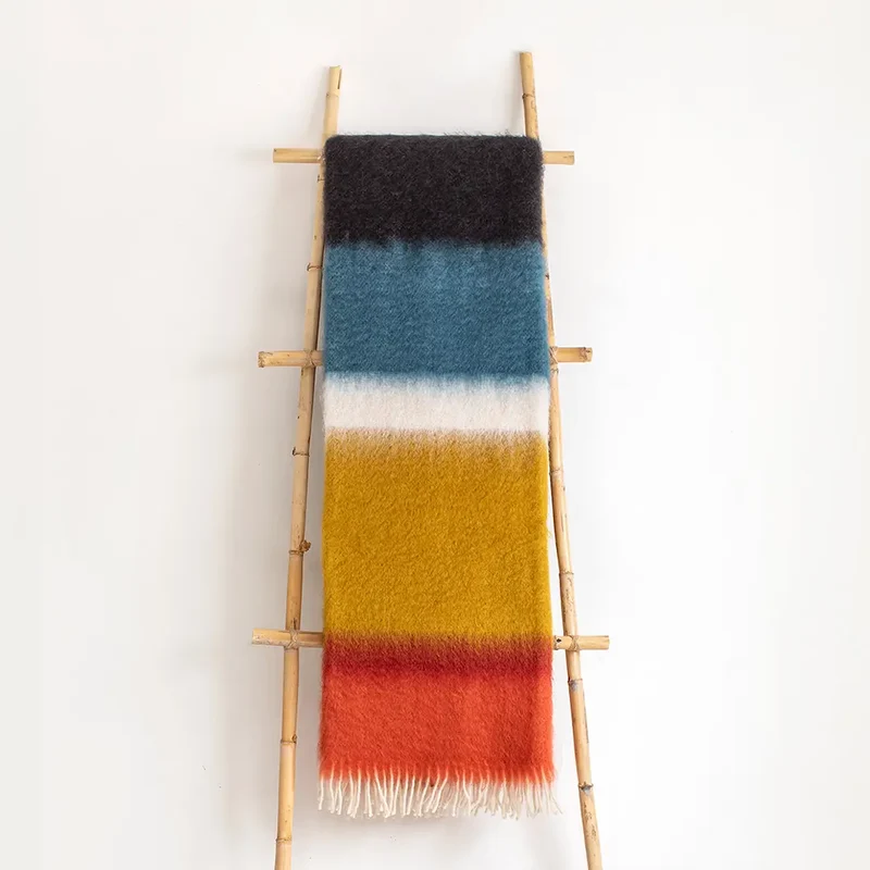 Manta Mohair Rayas Azul Klein, Mostaza y Rojo