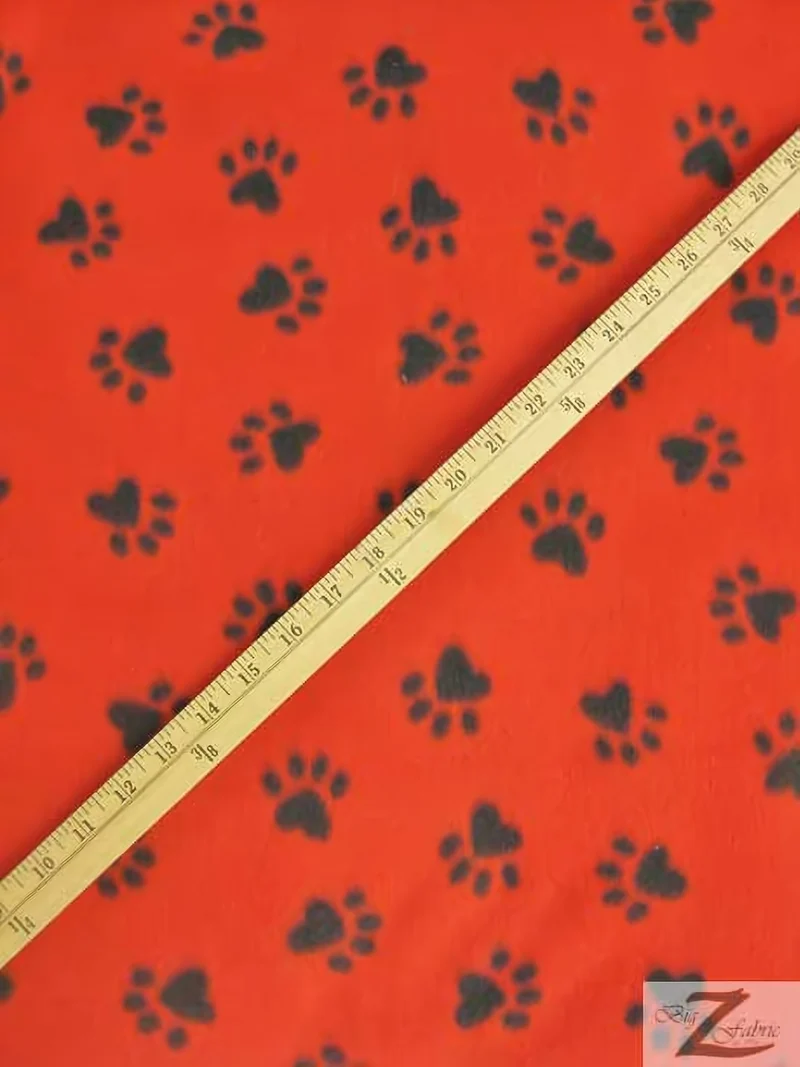 Animal Paw Print Red and Black Fleece Fabric