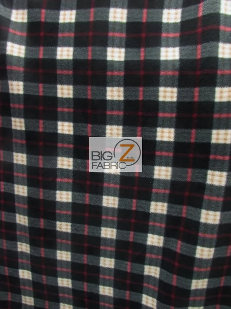 Checkered Plaid Black/Red/White Fleece Fabric