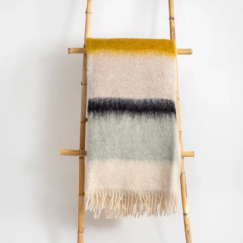 Manta Mohair Rayas Kaki y Amarilla