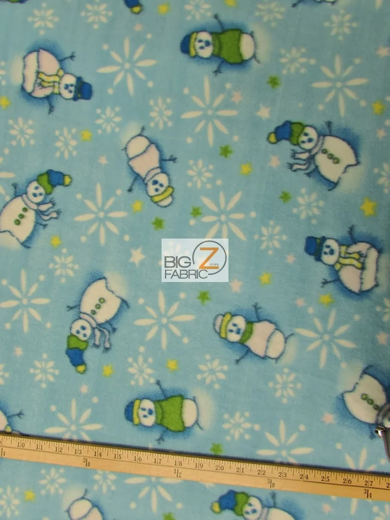 Christmas Holiday Snowman Blue Fleece Fabric