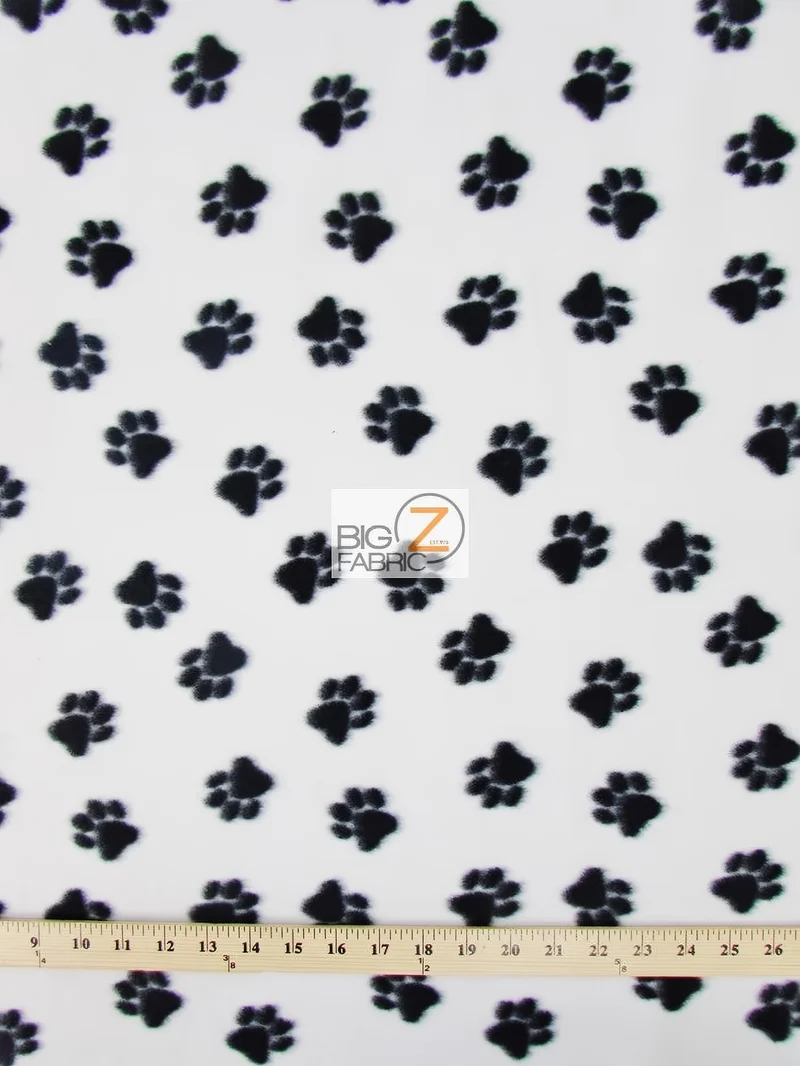 Animal Paw Print White & Black Fleece Fabric