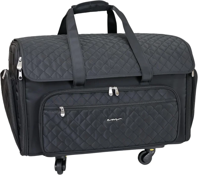 Everything Mary XXL 4 Wheel Collapsible Rolling Sewing Machine Storage Case, Black Quilted