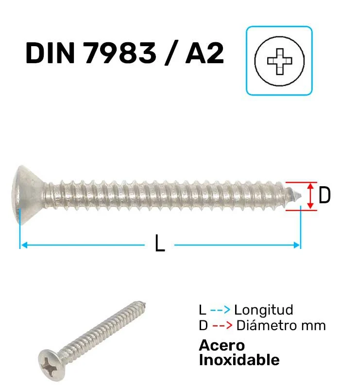 Tornillo Rosca Chapa Avellanado Acero Inoxidable A-2 D-7983